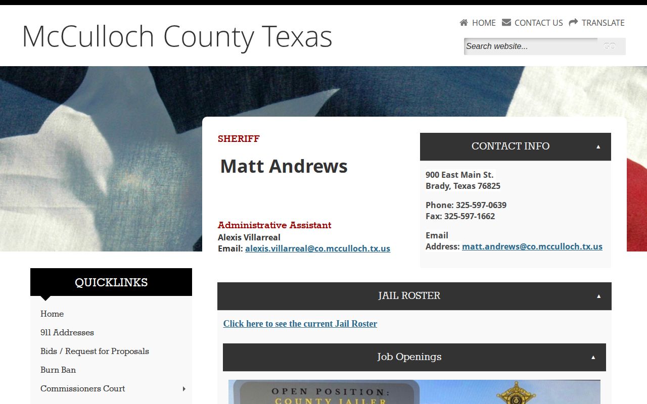 McCulloch County Sheriff's Office roster and custody-record source
