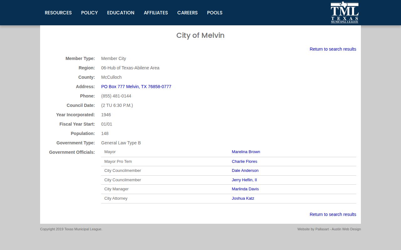 Melvin, McCulloch County municipal contact profile for arrest-record routing